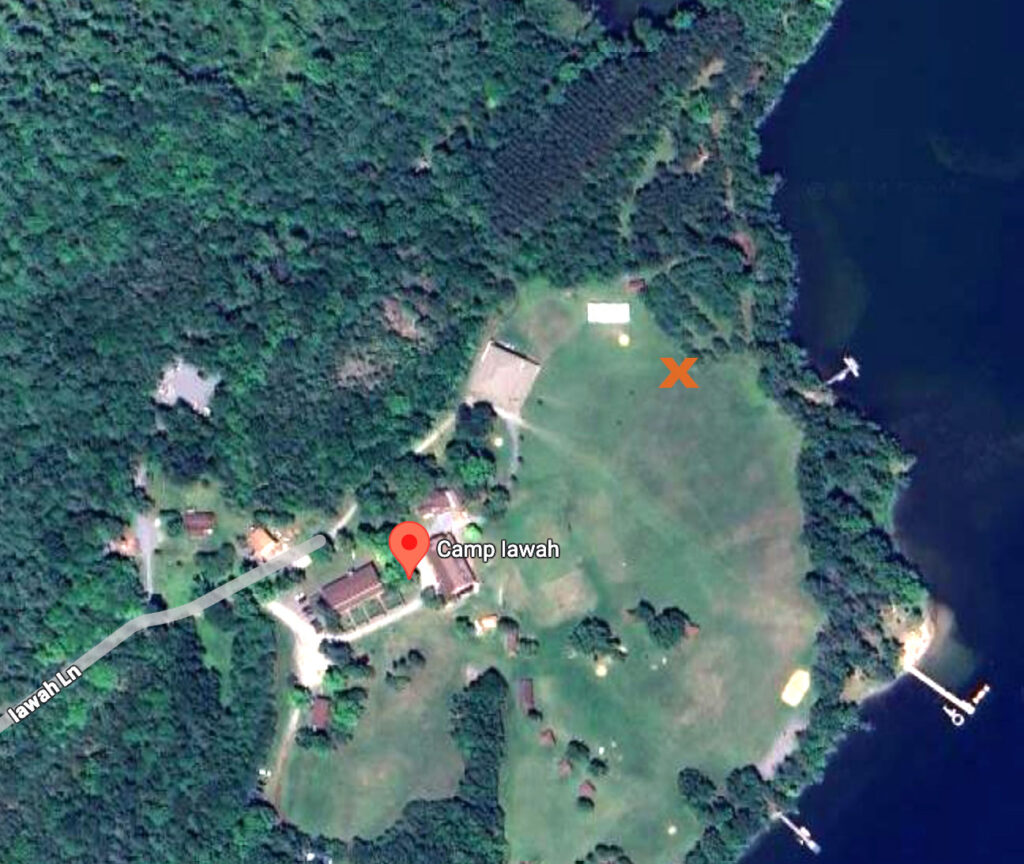 satellite map of camp iawah with an X marking where the high ropes course will be built.